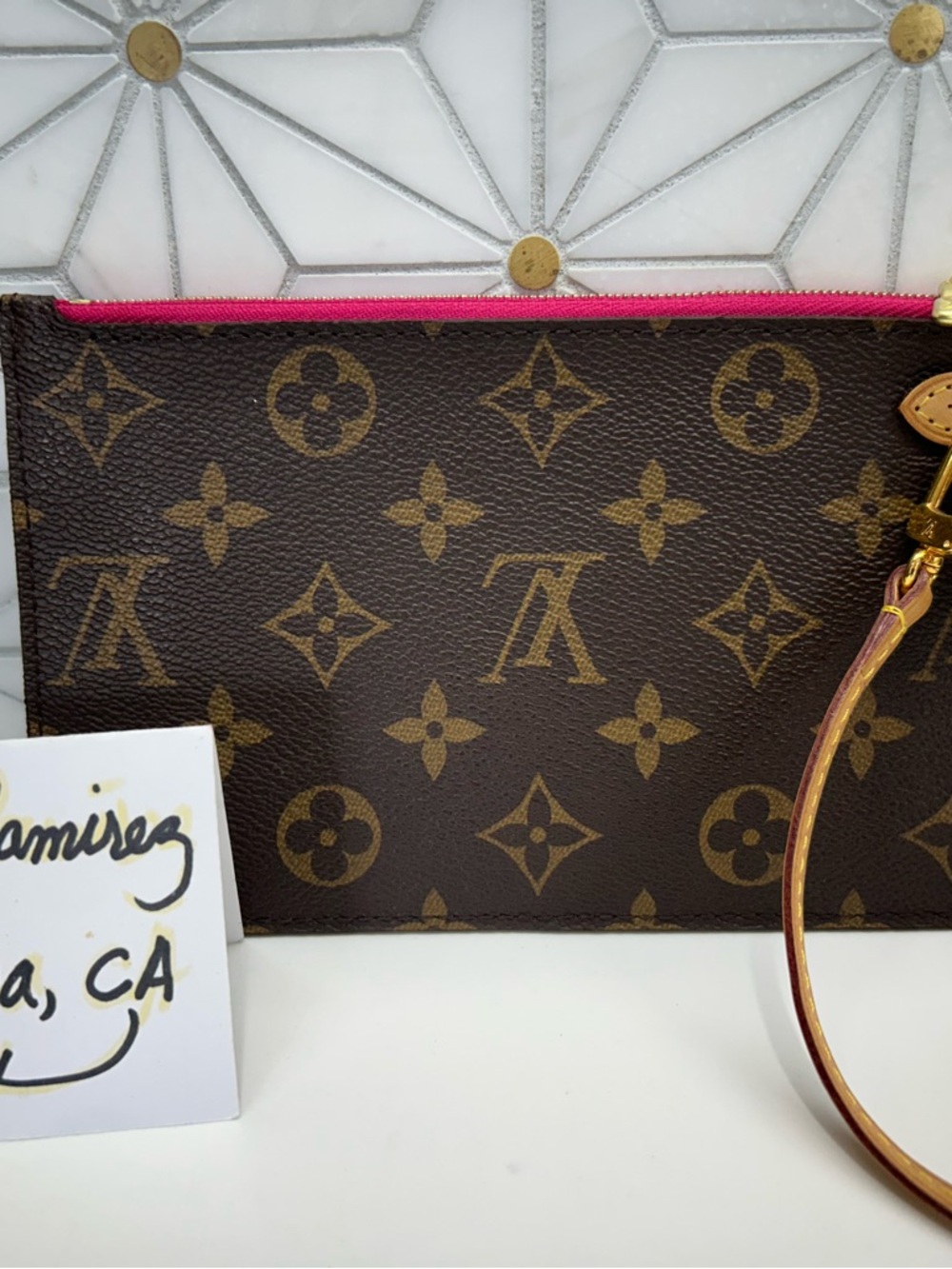 Louis Vuitton Brown Monogram Canvas Wristlet with Pink Zip Trim